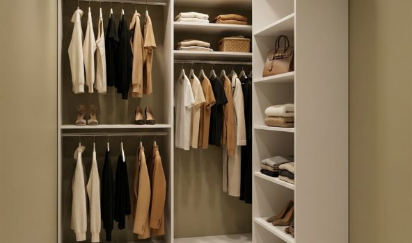 "Maximizing every square inch. From tiered hanging rods to dedicated handbag shelving, this is how you master small-space luxury."